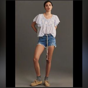 NWT Anthropologie Light Blue And White Striped Embroidered Flutter Sleeve Top